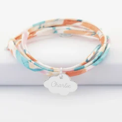 Sale HappyBulle Bracelet 3 tours Liberty personnalisé prénom médaille gravée argent nuage 20x14 mm Argent rhodié 925