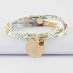 Discount HappyBulle Bracelet 3 tours Liberty personnalisé médaille gravée plaqué or 19 mm et breloque rectangle zircon plaqué or 9 mm