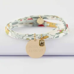 Discount HappyBulle Bracelet 3 tours Liberty personnalisé médaille gravée plaqué or 19 mm et breloque rectangle zircon plaqué or 9 mm