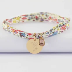 Sale HappyBulle Bracelet 3 tours Liberty personnalisé médaille gravée plaqué or 15 mm et breloque rectangle zircon plaqué or 9 mm