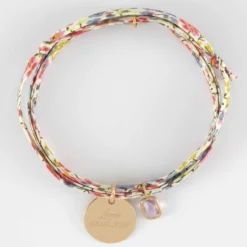Sale HappyBulle Bracelet 3 tours Liberty personnalisé médaille gravée plaqué or 15 mm et breloque rectangle zircon plaqué or 9 mm