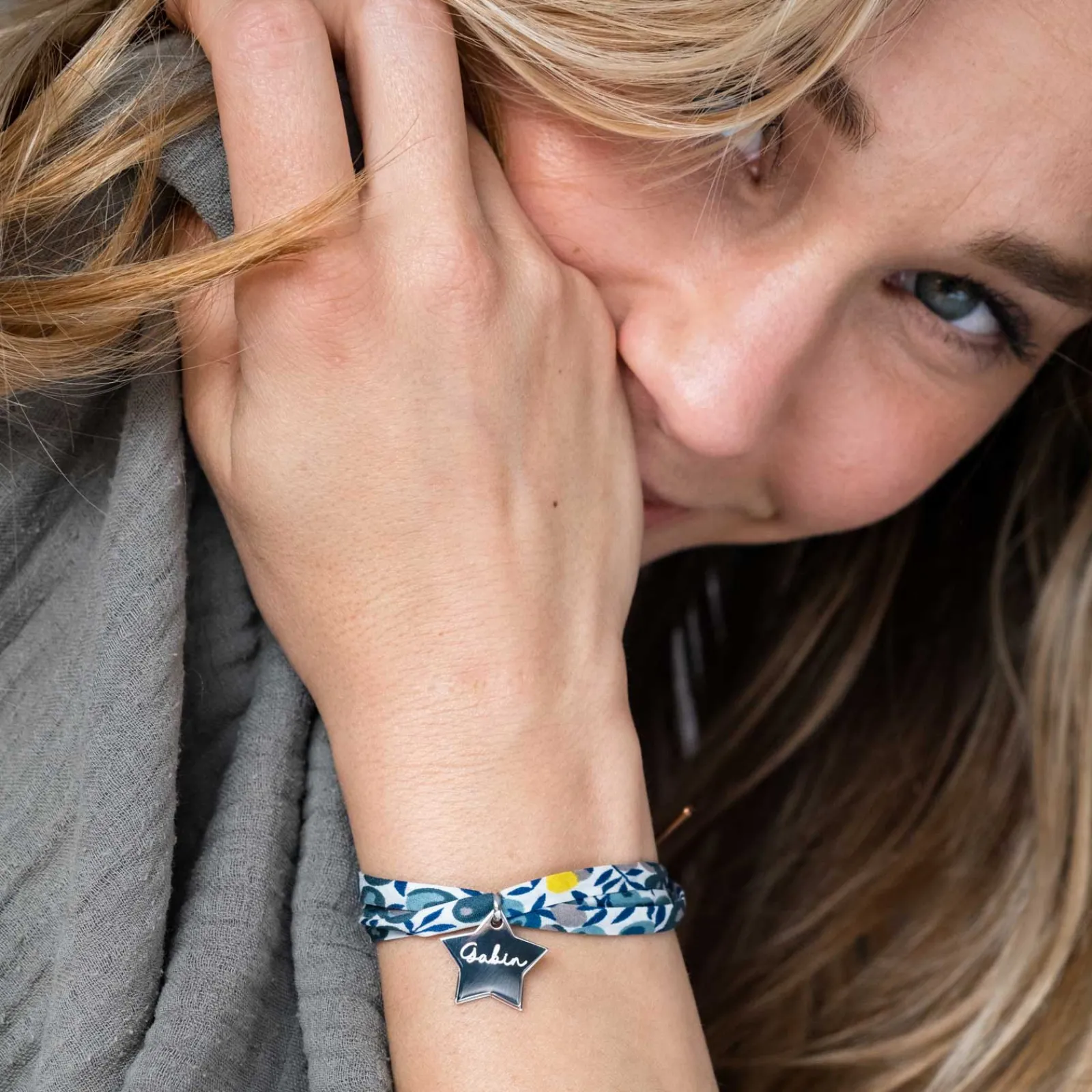 Clearance HappyBulle Bracelet 3 tours Liberty personnalisé prénom médaille gravée argent étoile 20x20 mm Argent rhodié 925