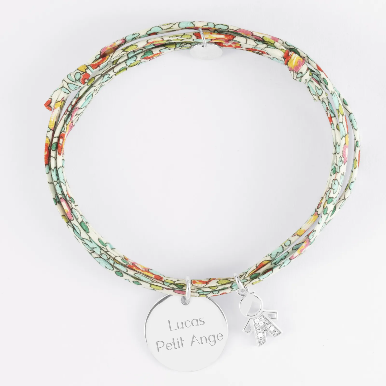 Best HappyBulle Bracelet 3 tours Liberty personnalisé médaille gravée argent 19 mm et breloque petit garçon scintillant 12 mm Argent rhodié 925