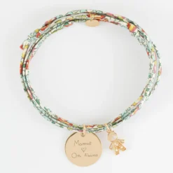 New HappyBulle Bracelet 3 tours Liberty personnalisé médaille gravée plaqué or 19 mm et breloque petit garçon scintillant 12 mm Plaqué or 18k