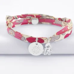 HappyBulle Bracelet 3 tours Liberty personnalisé médaille gravée argent 15 mm et breloque petit garçon zircon 12 mm Argent rhodié 925