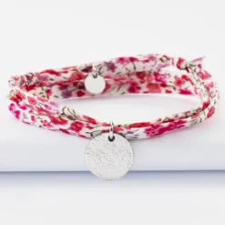 HappyBulle Bracelet 3 tours Liberty personnalisé médaille martelée gravée argent 15 mm Argent rhodié 925