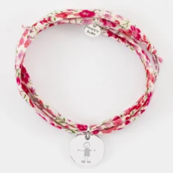HappyBulle Bracelet 3 tours Liberty personnalisé médaille martelée gravée argent 15 mm Argent rhodié 925