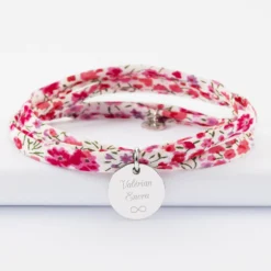 HappyBulle Bracelet 3 tours Liberty personnalisé médaille martelée gravée argent 15 mm Argent rhodié 925