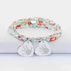 Hot HappyBulle Bracelet 3 tours Liberty personnalisé 2 médailles gravées argent dormeuses coeur 19x21 mm Argent rhodié 925