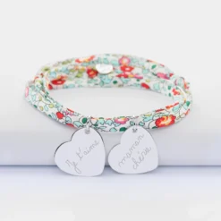 Hot HappyBulle Bracelet 3 tours Liberty personnalisé 2 médailles gravées argent dormeuses coeur 19x21 mm Argent rhodié 925