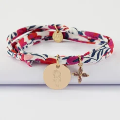 Outlet HappyBulle Bracelet 3 tours Liberty personnalisé médaille gravée plaqué or 15 mm et breloque fleur pétales zircons 10 mm