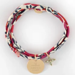 Outlet HappyBulle Bracelet 3 tours Liberty personnalisé médaille gravée plaqué or 15 mm et breloque fleur pétales zircons 10 mm