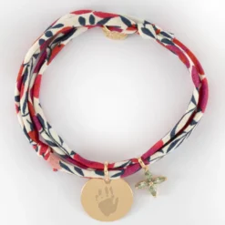Outlet HappyBulle Bracelet 3 tours Liberty personnalisé médaille gravée plaqué or 15 mm et breloque fleur pétales zircons 10 mm