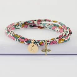 Outlet HappyBulle Bracelet 3 tours Liberty personnalisé médaille gravée plaqué or 10 mm et breloque fleur pétales zircons 10 mm