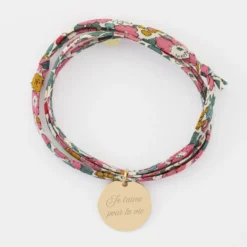 HappyBulle Bracelet 3 tours Liberty personnalisé médaille gravée plaqué or 19 mm Plaqué or 18k