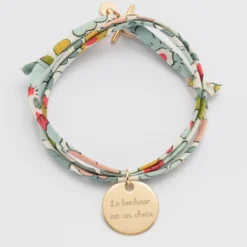 HappyBulle Bracelet 3 tours Liberty personnalisé médaille gravée plaqué or 19 mm Plaqué or 18k