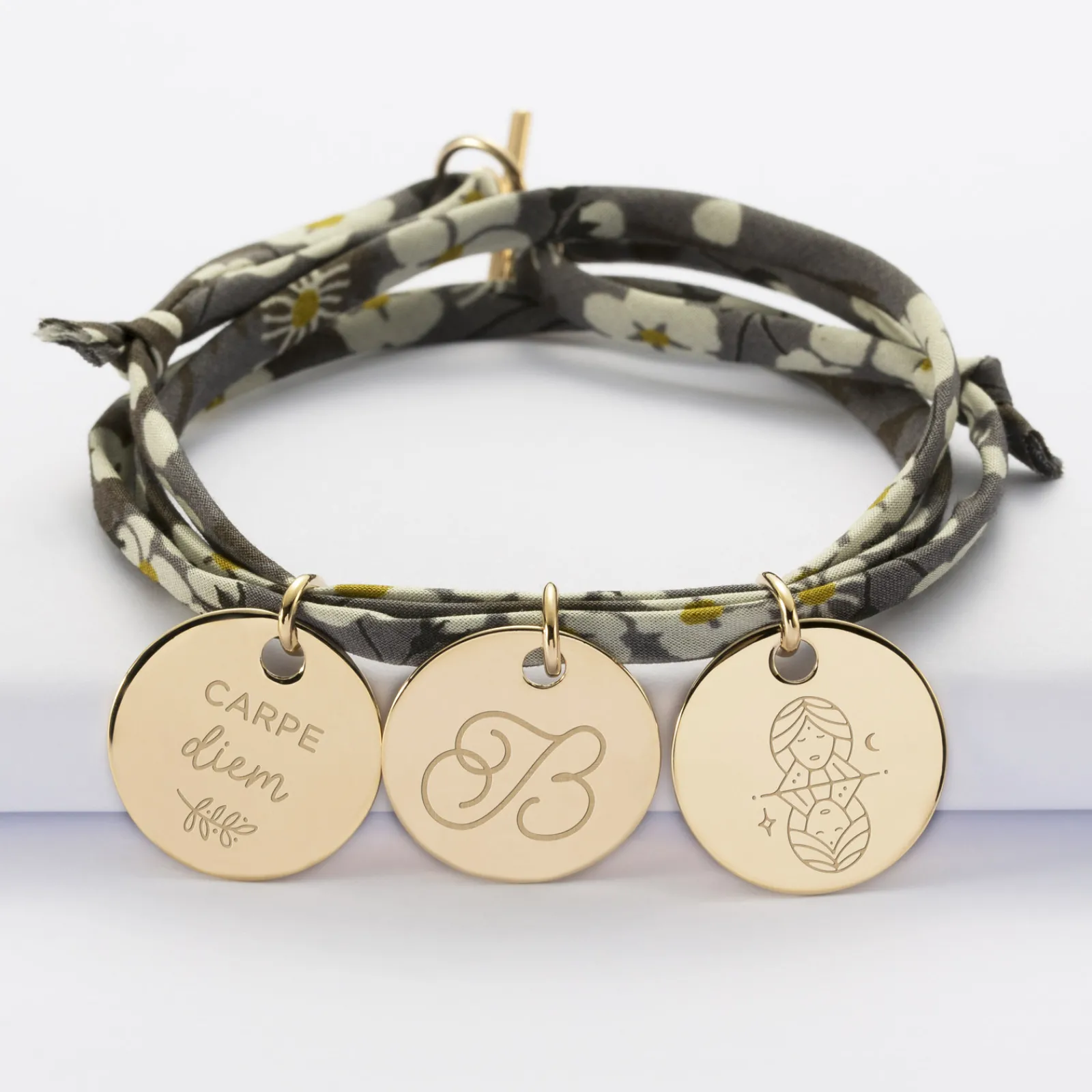 Online HappyBulle Bracelet 3 tours liberty personnalisé 3 médailles gravées plaqué or 19 mm Plaqué or 18k
