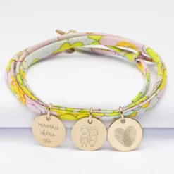 Outlet HappyBulle Bracelet 3 tours Liberty personnalisé 3 médailles gravées plaqué or 15 mm Plaqué or 18k
