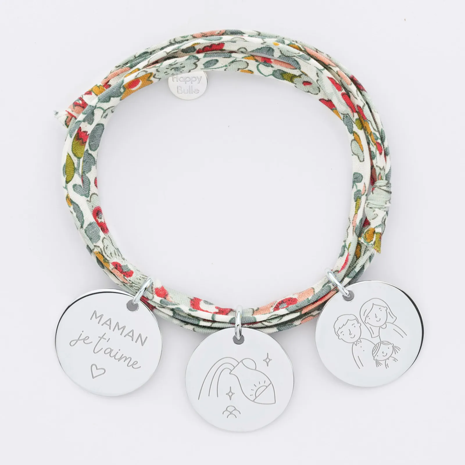 New HappyBulle Bracelet 3 tours Liberty personnalisé 3 médailles gravées argent 19 mm Argent rhodié 925