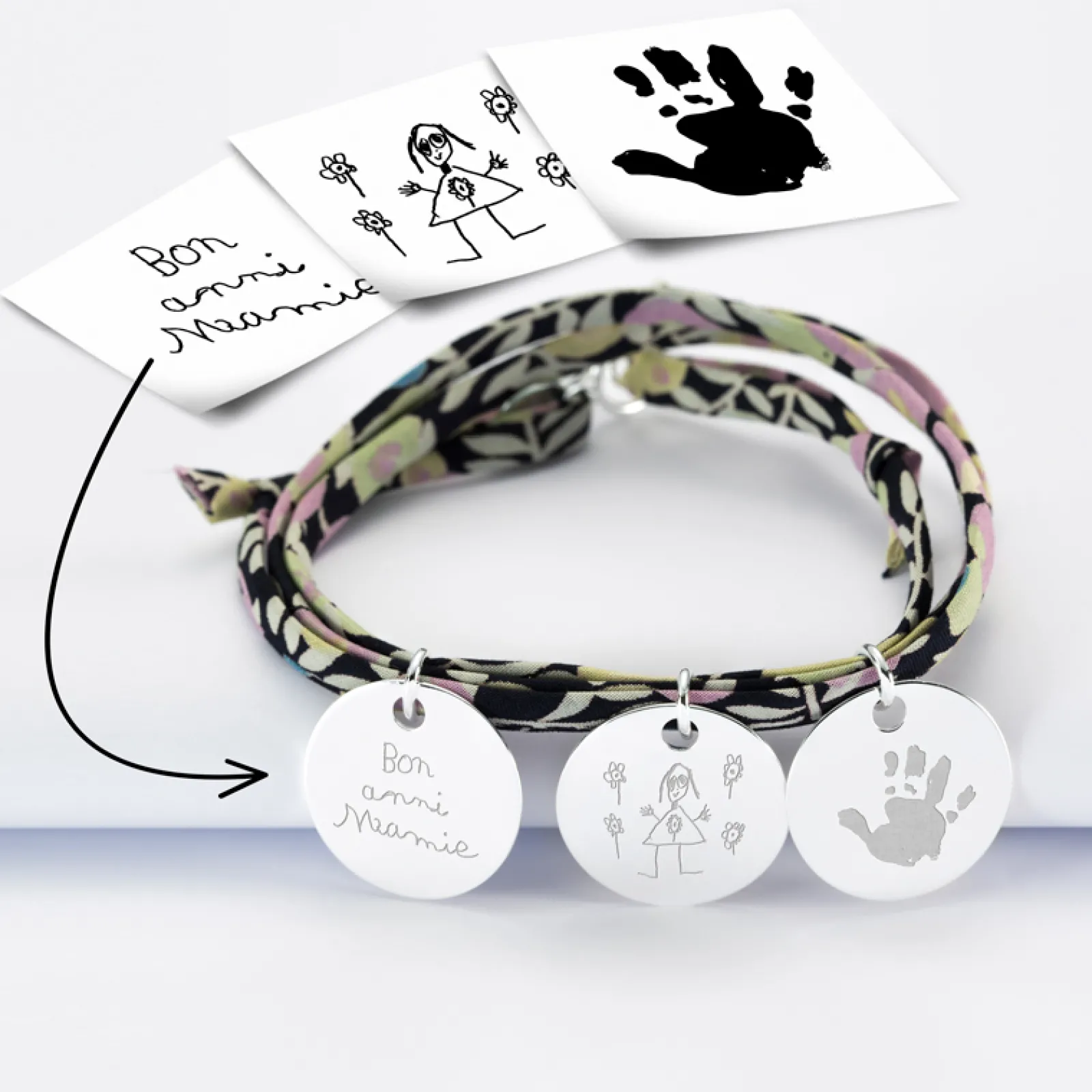 New HappyBulle Bracelet 3 tours Liberty personnalisé 3 médailles gravées argent 19 mm Argent rhodié 925