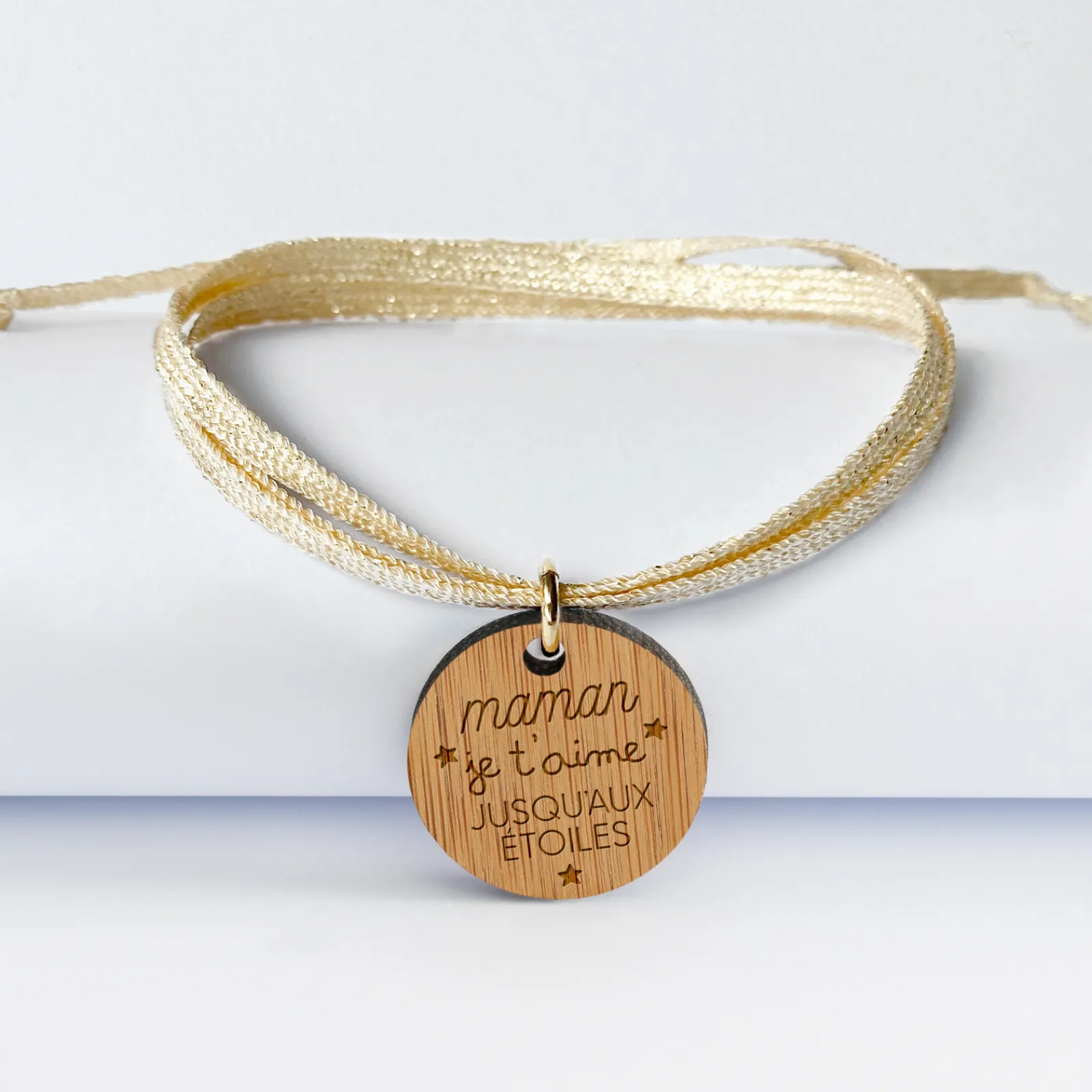Best HappyBulle Bracelet 3 tours médaille gravée bois dormeuse ronde 20 mm "Maman je t'aime"
