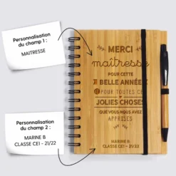 Discount HappyBulle Carnet bambou personnalisé 14,5x18 cm et stylo gravé - Merci Maîtresse