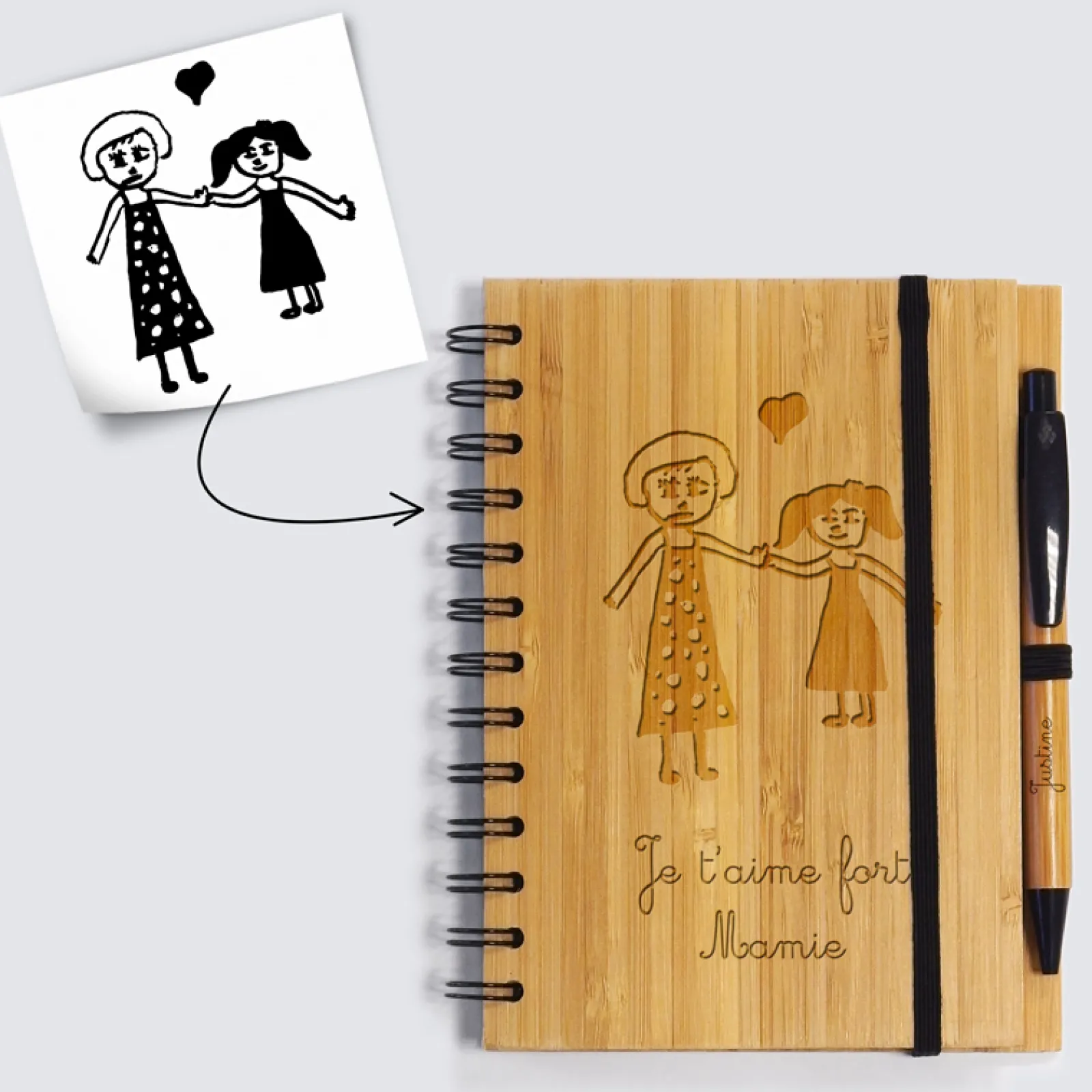 Best HappyBulle Carnet bambou personnalisé 14,5x18 cm et stylo gravé