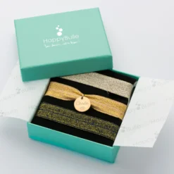 Clearance HappyBulle Coffret de bracelets personnalisés cordons élastiques interchangeables médaille gravée plaqué or 15 mm Plaqué or 18k