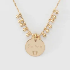 Clearance HappyBulle Collier chaîne boules personnalisé médaille gravée plaqué or 15 mm Plaqué or 18k