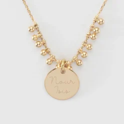 Clearance HappyBulle Collier chaîne boules personnalisé médaille gravée plaqué or 15 mm Plaqué or 18k