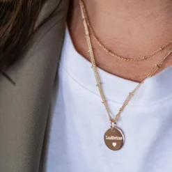 Sale HappyBulle Collier chaîne double personnalisé médaille gravée plaqué or 15 mm