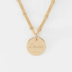 Sale HappyBulle Collier chaîne double personnalisé médaille gravée plaqué or 15 mm