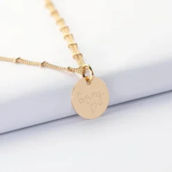 Sale HappyBulle Collier chaîne double personnalisé médaille gravée plaqué or 15 mm