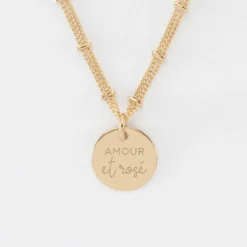 Sale HappyBulle Collier chaîne double personnalisé médaille gravée plaqué or 15 mm