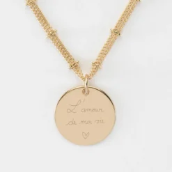 New HappyBulle Collier chaîne double personnalisé médaille gravée plaqué or 19 mm