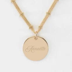 New HappyBulle Collier chaîne double personnalisé médaille gravée plaqué or 19 mm