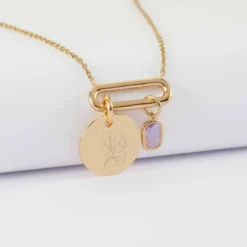 Discount HappyBulle Collier chaîne ovale ouvert personnalisé médaille gravée plaqué or 15 mm et breloque rectangle zircon plaqué or 9 mm