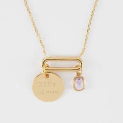 Discount HappyBulle Collier chaîne ovale ouvert personnalisé médaille gravée plaqué or 15 mm et breloque rectangle zircon plaqué or 9 mm