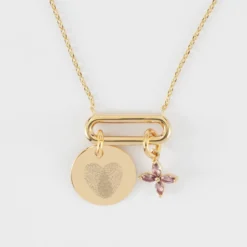 Outlet HappyBulle Collier chaîne ovale ouvert personnalisé médaille gravée plaqué or 15 mm et breloque fleur pétales 10 mm