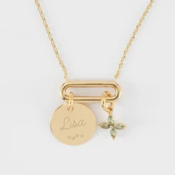 Outlet HappyBulle Collier chaîne ovale ouvert personnalisé médaille gravée plaqué or 15 mm et breloque fleur pétales 10 mm