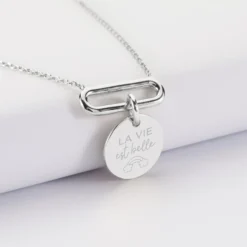 Discount HappyBulle Collier chaîne ovale ouvert personnalisé médaille gravée argent 15 mm Argent rhodié 925