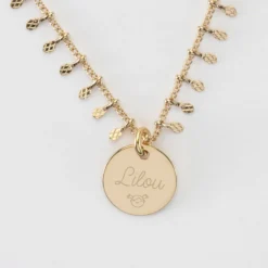 Discount HappyBulle Collier chaîne pampilles personnalisé médaille gravée plaqué or 15 mm Plaqué or 18k