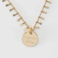 Discount HappyBulle Collier chaîne pampilles personnalisé médaille gravée plaqué or 15 mm Plaqué or 18k