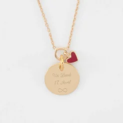Outlet HappyBulle Collier coeur émail rouge personnalisé médaille plaqué or 15 mm