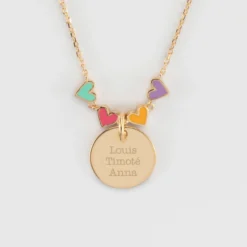 HappyBulle Collier enfant cœur email multicolore personnalisé médaille gravée plaqué or 15 mm Plaqué or 18k