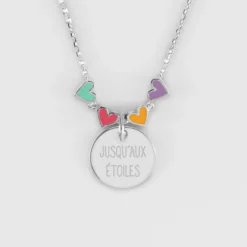 New HappyBulle Collier enfant cœur email multicolore personnalisé médaille gravée argent 15 mm Argent rhodié 925