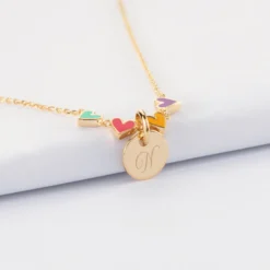 Clearance HappyBulle Collier enfant cœur email multicolore personnalisé médaille gravée plaqué or 10 mm Plaqué or 18k