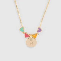 Clearance HappyBulle Collier enfant cœur email multicolore personnalisé médaille gravée plaqué or 10 mm Plaqué or 18k