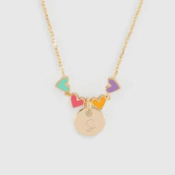 Clearance HappyBulle Collier enfant cœur email multicolore personnalisé médaille gravée plaqué or 10 mm Plaqué or 18k