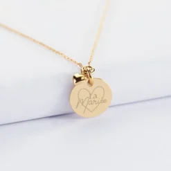 Discount HappyBulle Collier mini coeur bombé Mariée personnalisé médaille gravée plaqué or 15 mm Plaqué or 18k